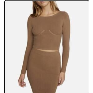 Good American The Cupped Rib Crop Sweater in Taupe Size S 3/4 NWT